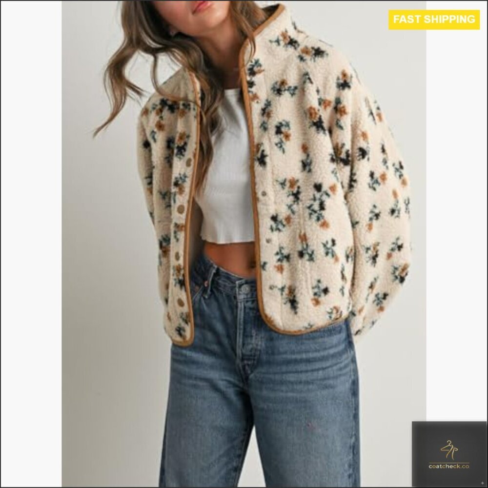 Floral Print Fluffy Fleece Jacket Snap Button Winter Teddy Cozy Casual - Picture 5 of 7